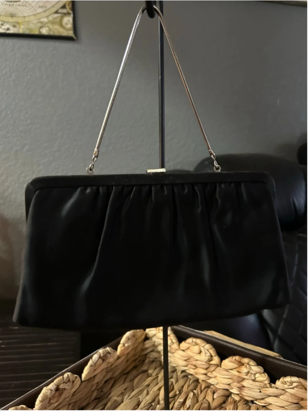Women's Unbranded Black Satin Clutch with Silver Chain, One Size